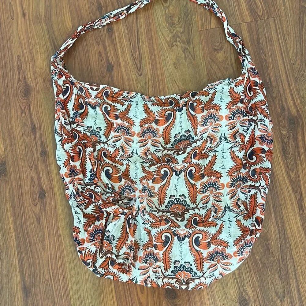 Free People cute peach floral reusable bag hobo large linen lightweight